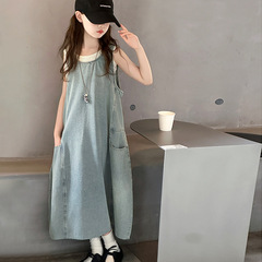 女の子デニムスカート夏 2025 新しい子供のノースリーブベストスカート中大子供のサマードレスロングスカート