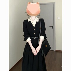 2025新款小香风黑色假两件连衣裙子女春秋季教资面试通勤气质长裙