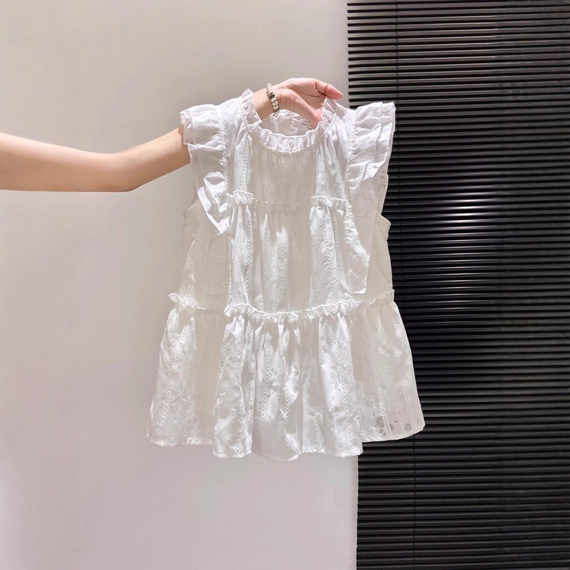 French-Style White Small Flutter Sleeve Shirt for Women, Summer 2025 New Design, Sweet Ruffled Sleeveless Babydoll Top