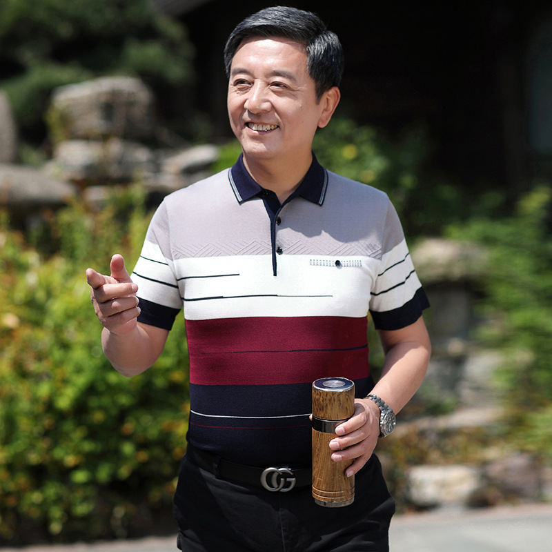 Camiseta de manga corta de seda de hielo de verano de papá camiseta de solapa de hombre de mediana edad suelta camisa de fondo de hombre de mediana edad y anciano