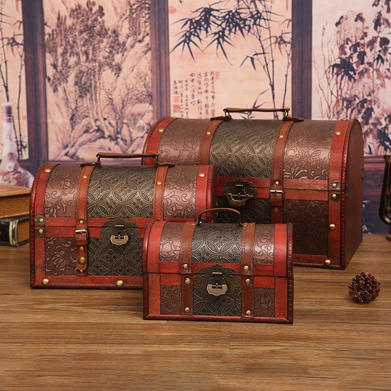 复古收纳箱带锁防盗家用杂物手工整理箱百宝箱仿古木盒老式收纳盒