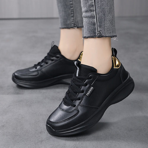 Women's Autumn Sports Shoes with Leather Surface, Waterproof, Thick Sole, Comfortable, All Black, KFC Kitchen Anti-Slip Work Shoes