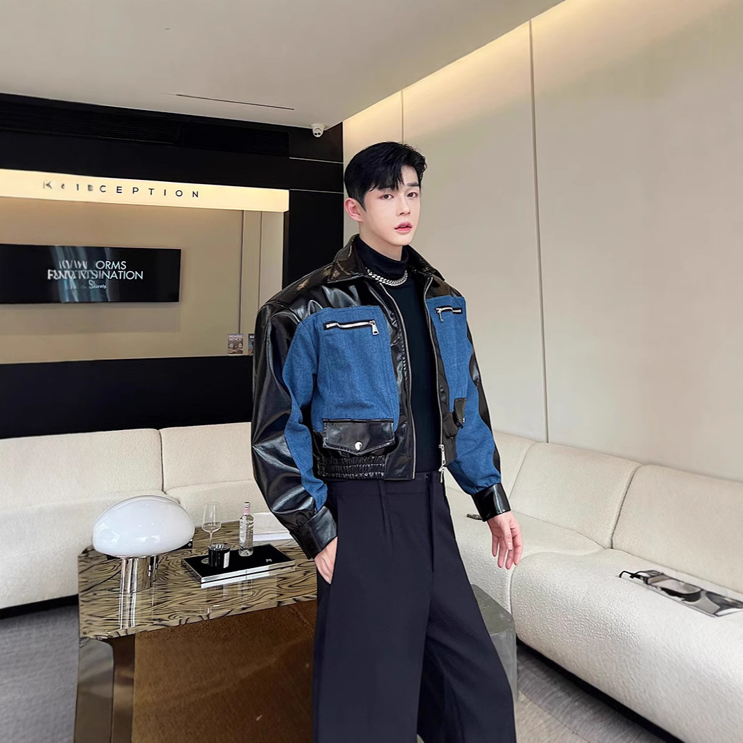 美式高街短款拼皮外套男小众痞帅设计感大码牛仔夹克潮重工机车服