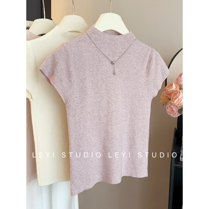 6735 # Pure Desire スリムデザイン、小さなフライングスリーブ、ハーフタートルネックセーター、夏の新しいスタイル、スリムでシンプル|undefined