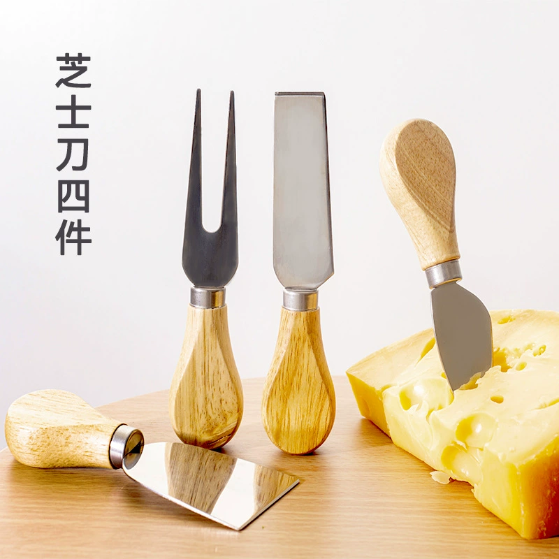Нож для сыра из нержавеющей стали с ручкой из дуба, нож для сыра, скребок для крема, нож для пиццы и хлеба, четырехпредметный набор