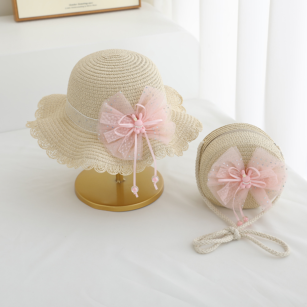 Verano nuevo sombrero para niños sombreado sombrero de paja bolso de dos piezas lindo encaje flor niña sombrero de playa al por mayor