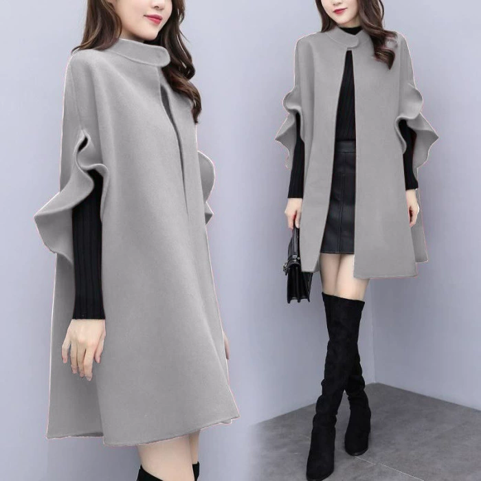 Демисезонное шерстяное пальто, однотонная куртка, тренчкот, plus size, британский стиль, А-силуэт