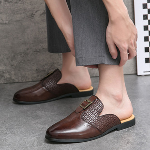 Cross-border Summer Business Leg Half-support Shoes Men's Fashion Brock Baotou Slippers Korean Style Heel-free Small Leather Shoes