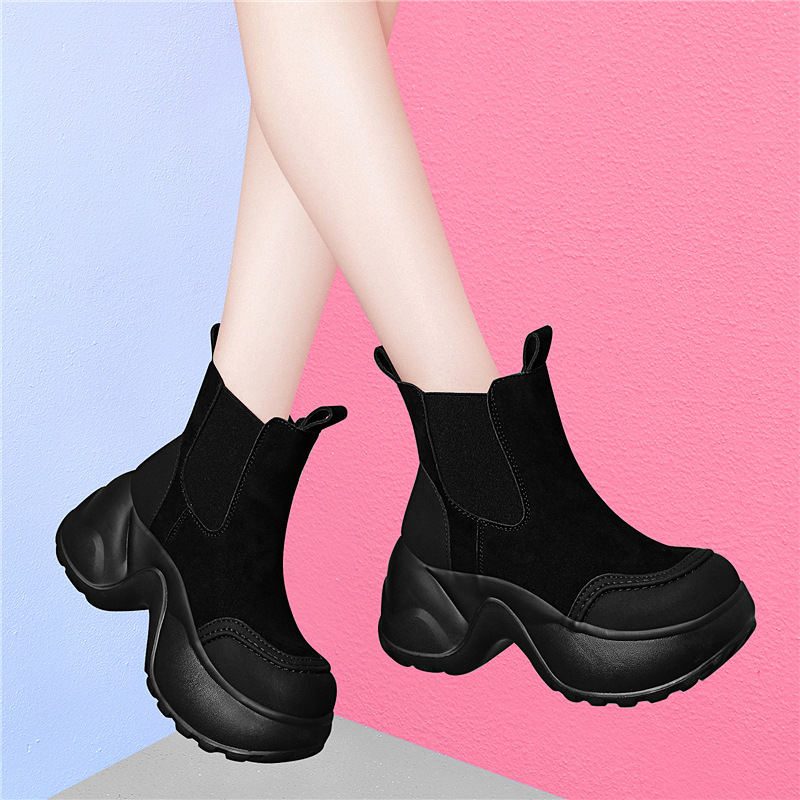 2025 Autumn Winter New Thick-Soled High-Heeled Chelsea Boots Versatile Height-Increasing Short Boots Patchwork Fleece-Lined Chimney Boots Cotton Shoes_vogvips.com