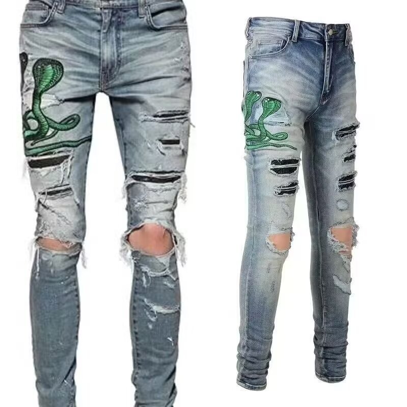 boy European And American High Street Trend Brand Vintage Distressed Niche Jeans For Men With Cobra Embroidery Patch Slim_voghion.com