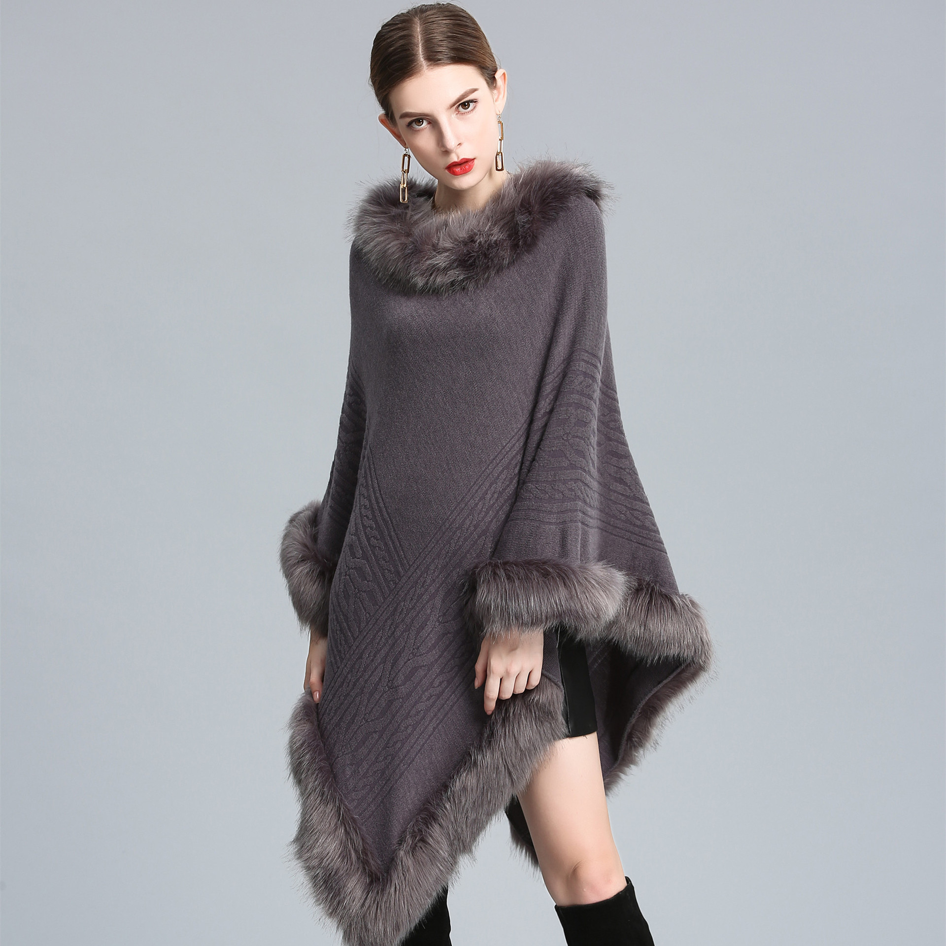 Fur collar cape cape round neck pullover sweater large size loose coat_voghion.com