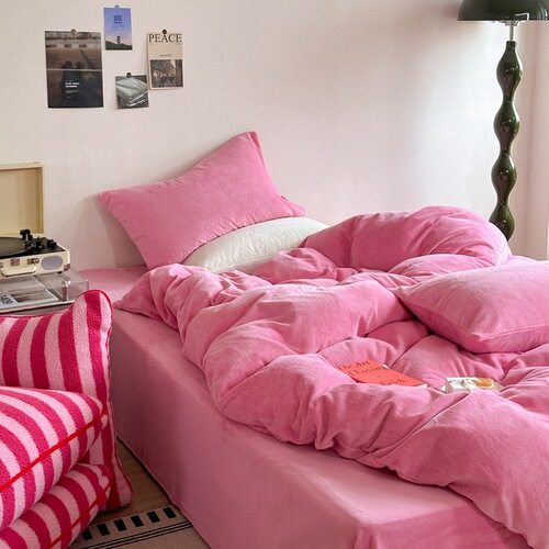 New Ins Blogger Style Solid Color A-Grade 200g Milk Fleece Four-Piece Set Autumn/Winter Warmth Winter Bed Sheet Set