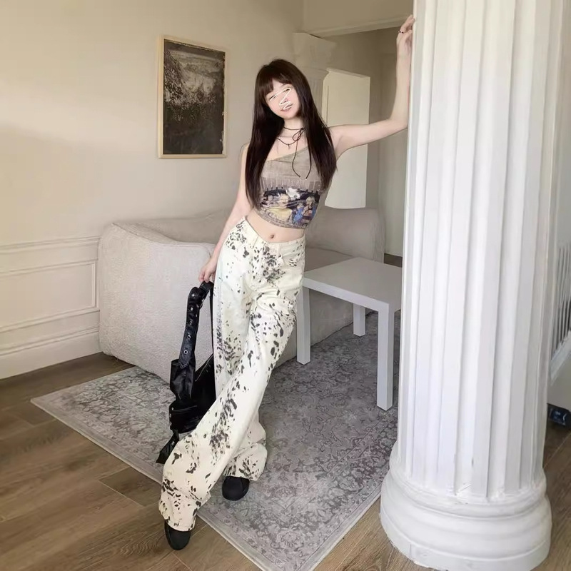 【韩牛】宽松休闲阔腿直筒拖地复古高街辣妹豹纹设计感牛仔裤女|undefined