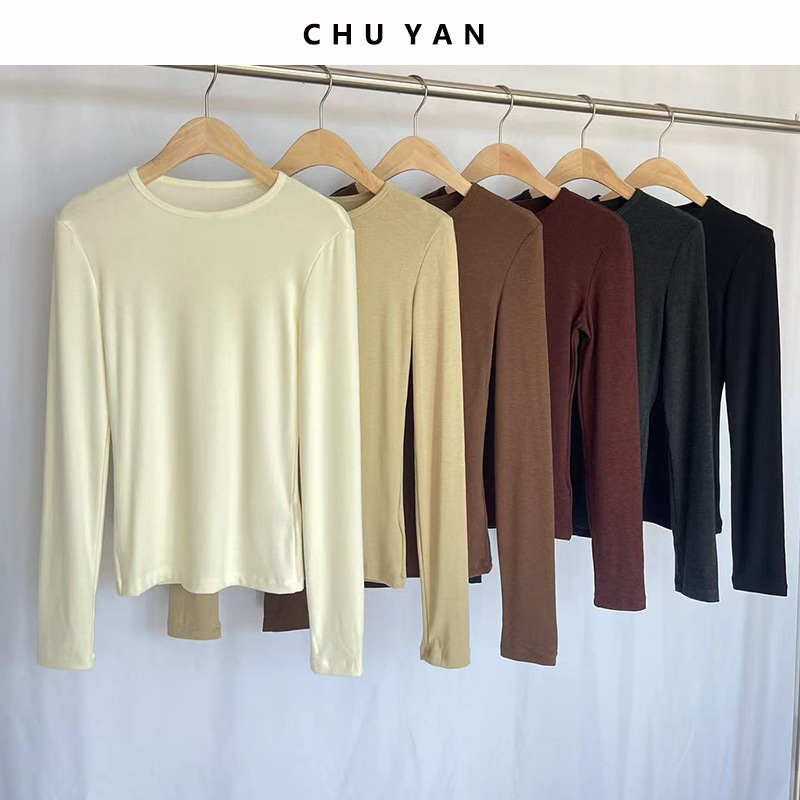 High-Count Cashmere Round Neck Long-Sleeved Silk Knitted Bottoming Shirt for Women Early Autumn Right Shoulder Slimming Look Sandglass Muscle Base T-Shirt
