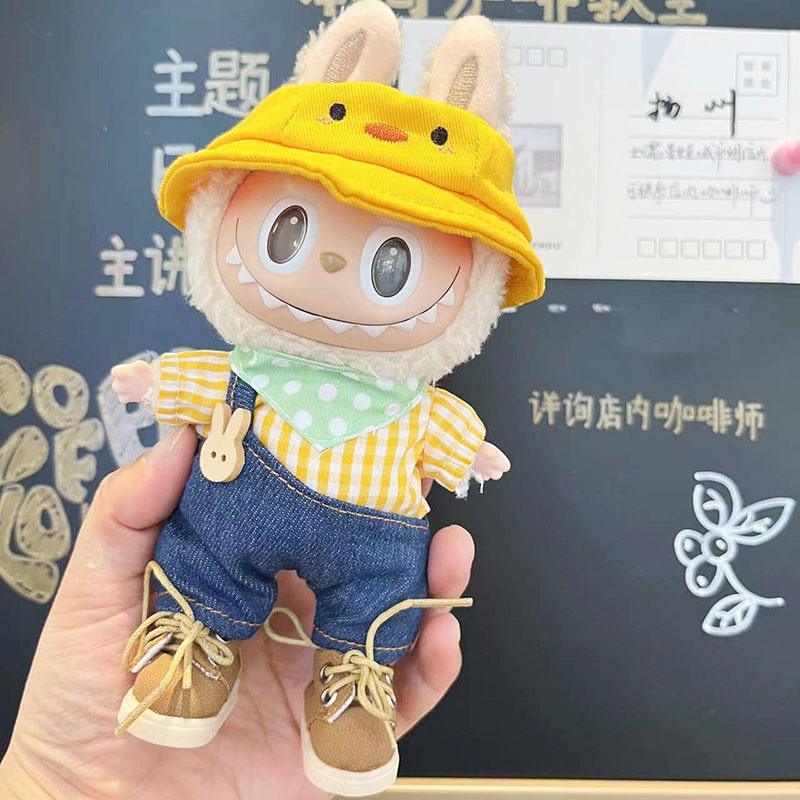 Only clothes] 17cm pendant pull cloth doll blind box Labubu clothes summer yellow lattice duckling hat suit cute