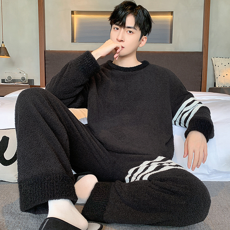 [소프트 하프 벨벳] 가을과 겨울 잠옷 남자 두꺼운 따뜻한 산호 벨벳 홈 의류 세트 제조 업체 도매