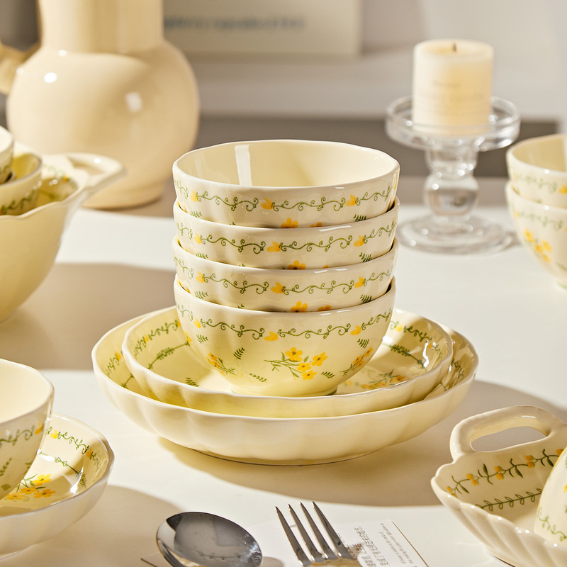 Underglaze Cream Style Household 2026 New Model Particularly Beautiful Bowls and Plates Rice Bowl High-Value Ceramic Rice Bowl