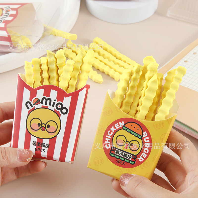 Nuevos productos de dibujos animados en forma de borradores de papas fritas lindos y creativos, el conjunto de borradores de papas fritas limpiado transfronterizos