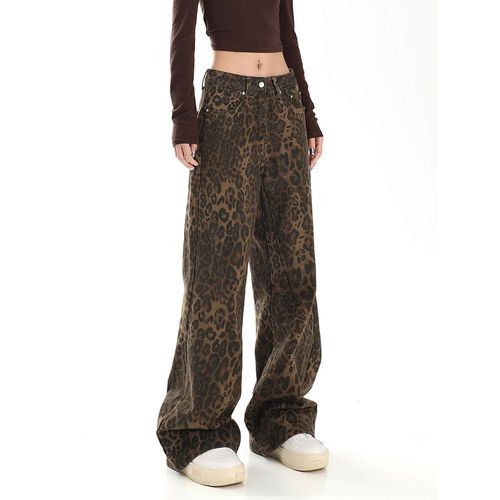 Women's American-style leopard-print jeans: Spring/autumn Instagram-worthy, straight-leg design with a relaxed, oversized, floor-sweeping wide-leg fit