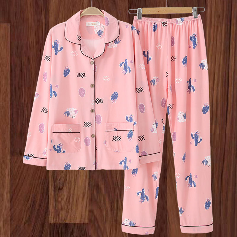 100% algodón más el tamaño de los pijamas de las mujeres Primavera, Otoño e Invierno manga larga suelta de mediana edad y joven confinamiento desgaste del hogar traje de verano