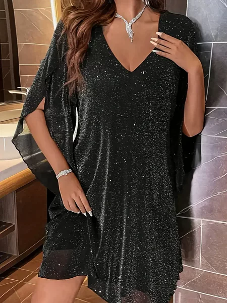 2026 Amazon European and American Cross-Border Spring and Summer Plus-Size Women's V-Neck Split-Sleeve Waist-Cinching Elegant Socialite Dress