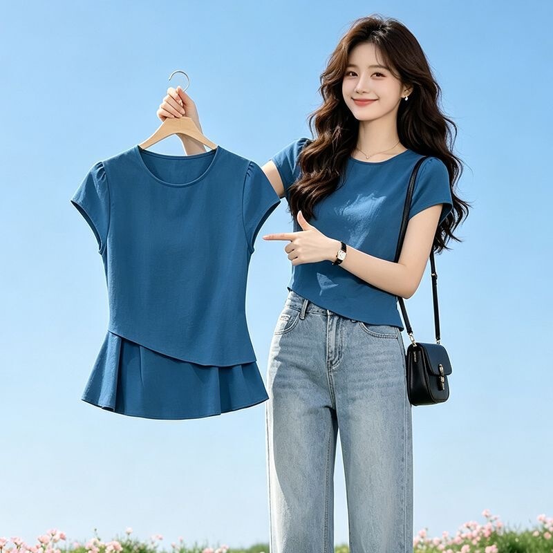 2026 Summer New Style Seaside Vacation Round-Neck Double-Layer Patchwork Pullover Irregular Dark Blue Top Trendy