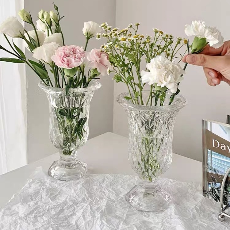 浮雕菱格玻璃花瓶ins歐式復古水培插花高腳乾花鮮花家居裝飾擺件