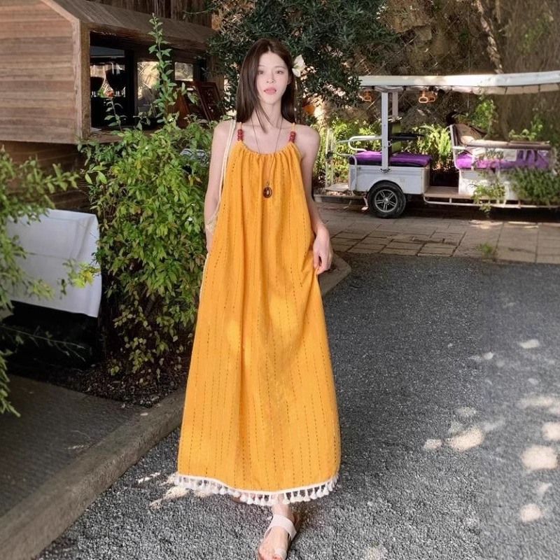 Lazy and Relaxed Yellow Tassel Sling White dress Seaside Holiday Elegant Long Dress Beautiful Beach Dress for Summer