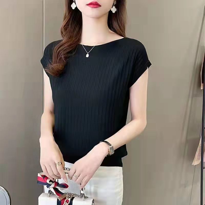 气质蝙蝠袖短袖T恤女2024夏装新款黑色冰丝针织衫宽松一字领上衣