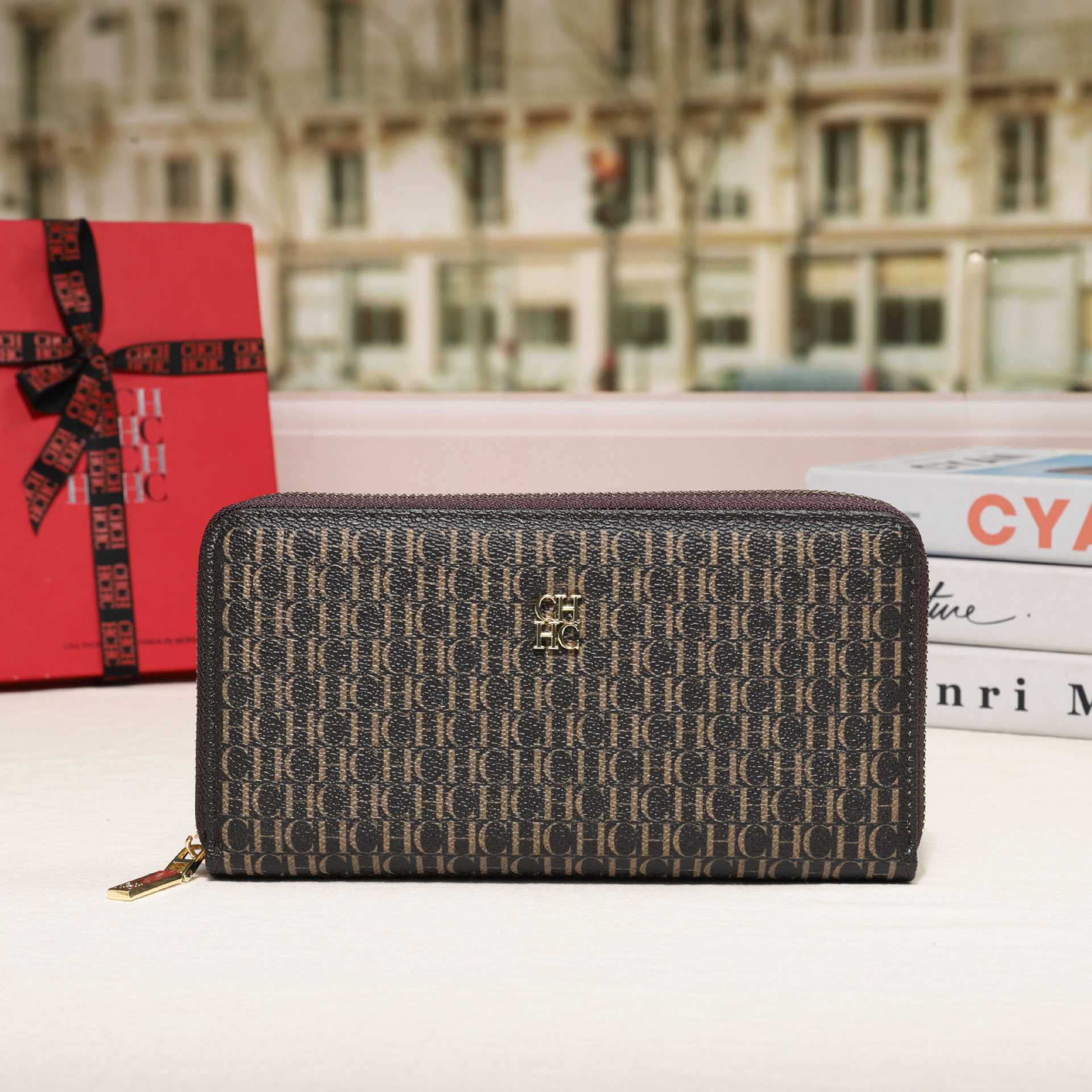 CHHC nuevo bolso 2025 moda femenina billetera con cremallera clásica textura real bolso largo unisex