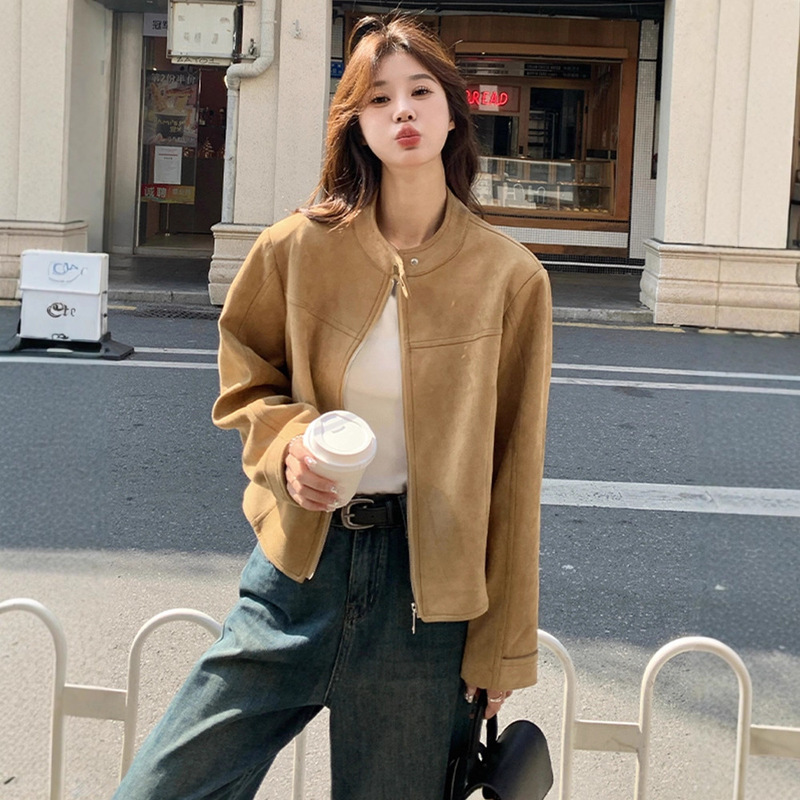 Khaki Suede Jacket Women's Short 2025 Autum New Korean Style Retro Casual Fashion Design Jacket Khaki Suede Jacket Women's Short 2025 Autum New Korean Style Retro Casual Fashion Design Jacket