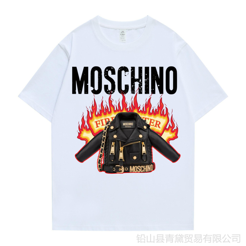 New Moschino Flame Leather Jacket 220g Thick Sulfur Cotton Printed Short-Sleeved Sports Round Neck Loose T-Shirt New Moschino Flame Leather Jacket 220g Thick Sulfur Cotton Printed Short-Sleeved Sports Round Neck Loose T-Shirt