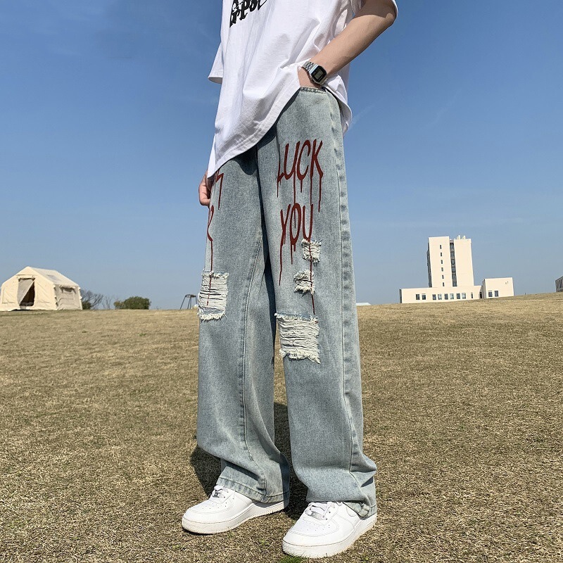 American-Style Hip-Hop Ripped Jeans for Men, Spring and Summer Thin Style, Trendy Brand, Cool Vibe, High Street Loose Straight Pants