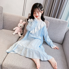 女童长袖蕾丝花边公主睡裙2025新款春秋中大童纯棉家居服儿童睡衣