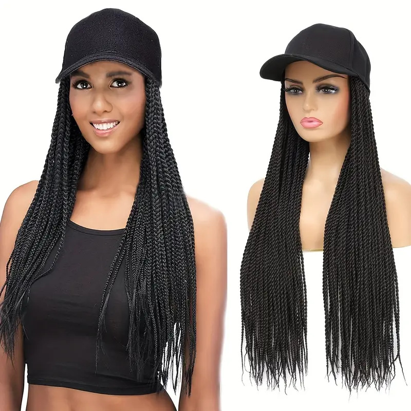 perruques, cheveux longs et raides fabriqués à la machine à fibres chimiques, perruque à chapeau d'une seule pièce, tresses africaines à trois brins tissées à la main, tresses sales, casquette à bec de canard_voghion.com