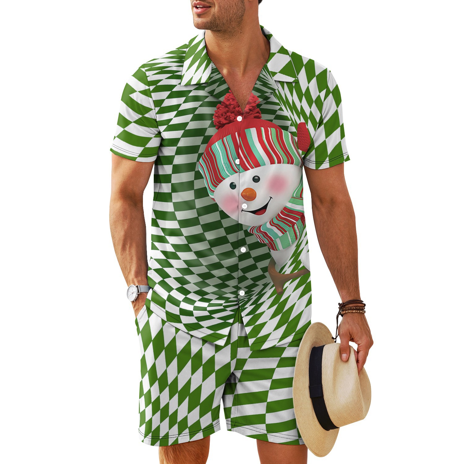 Transfronterizo 2025 nuevo estilo Amazon europeo y americano patrón de nieve cuello cubano camisa de manga corta pantalones cortos traje MB34 MA04