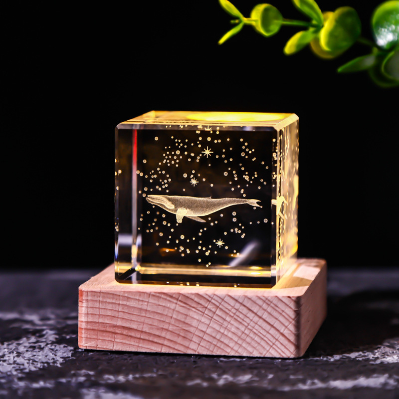 Cubo de cristal decoración interruptor de luz cálida base de madera talla interior Luna Sistema Solar Galaxy decoración de escritorio regalo de niña
