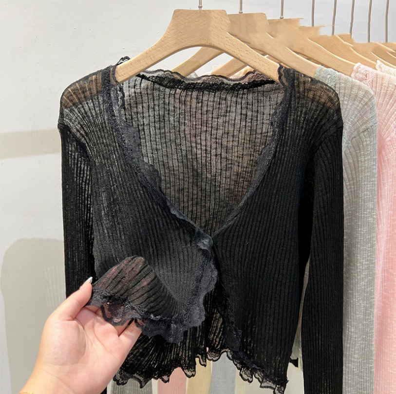 Knitted summer thin cardigan, cloak, V-neckline