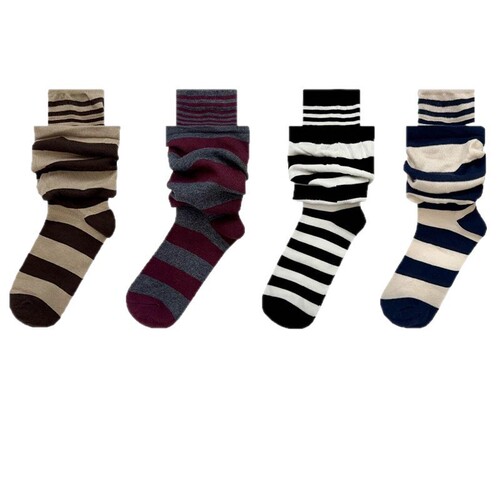 Autumn and winter socks, women's stripe all-match pile socks, Ancola vertical stripe pattern mid-tube socks, new fake two-piece fashionable socks