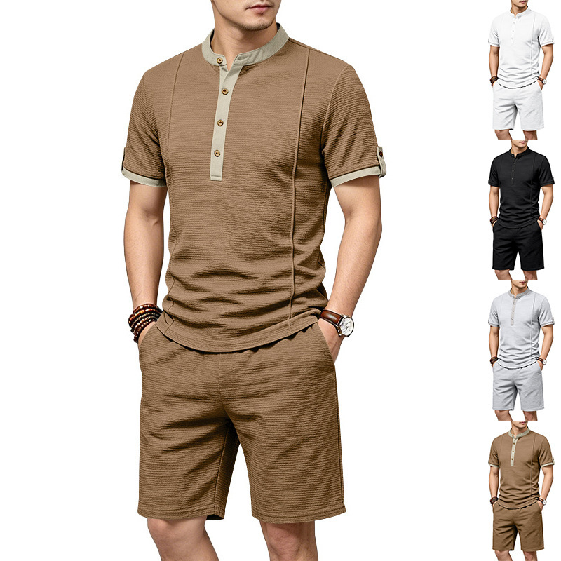 Men's Casual Henley Short Sleeve T-Shirt And Shorts Set Comfort-Focused Polyester Design for Summer_viptrois.com