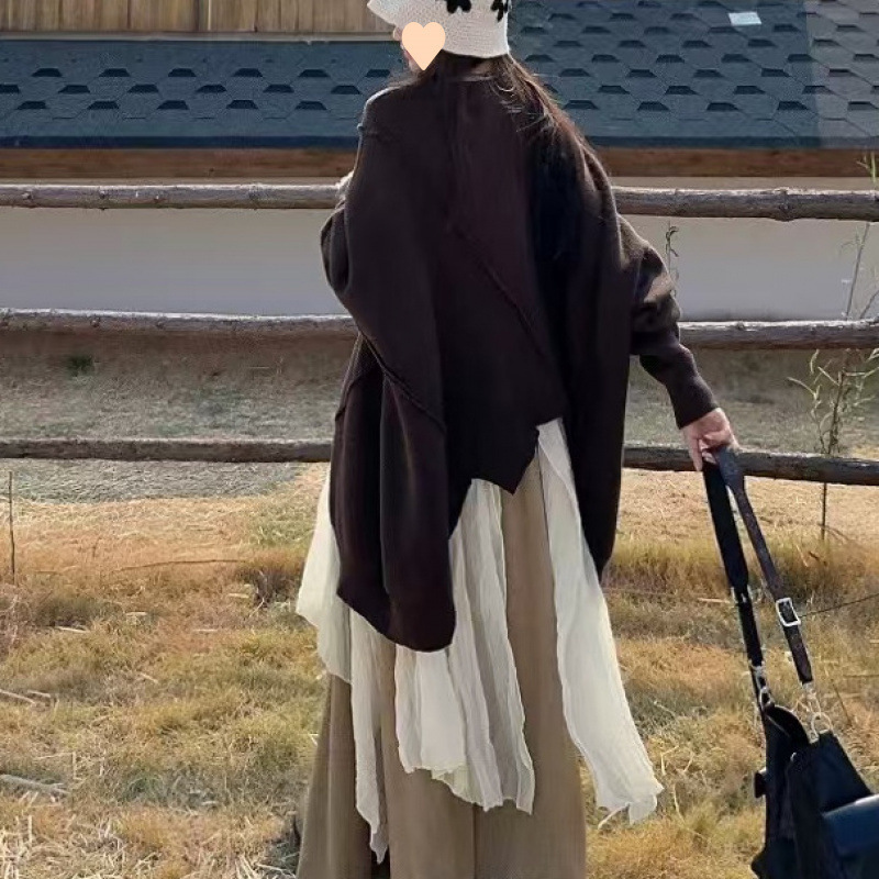 风韩系叠穿褶皱衬衫女秋季高腰休闲长裤不规则长袖毛衣三件套|undefined