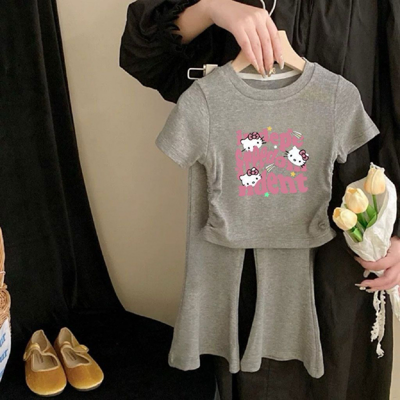 女童夏季套装新款休闲宝宝印花外穿喇叭裤短袖卡通洋气潮流两件套|undefined