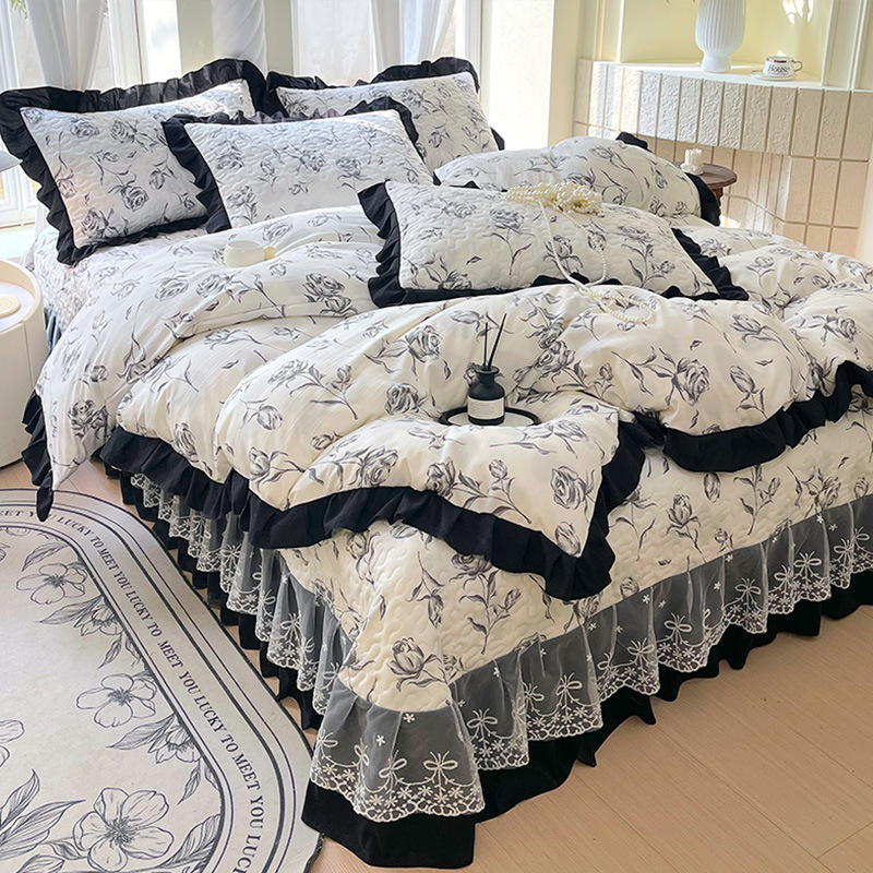Spring and Summer New French Hepburn Style Washed Cotton Bed Cover and Pillowcase Three-Piece Korean Lace Quilt Cover Four-Piece Set for Home Use