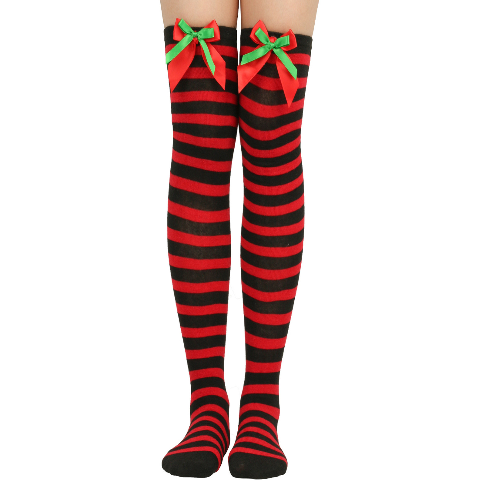Calzini natalizi unisex con fiocco, calzini a palla, sopra il ginocchio, calzini lunghi da donna, calzini natalizi a righe_voghion.com