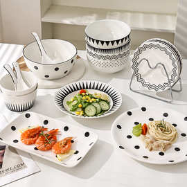 赫本风波点陶瓷饭碗家用碗碟套装餐具高颜值沙拉碗汤碗餐盘吐骨碟