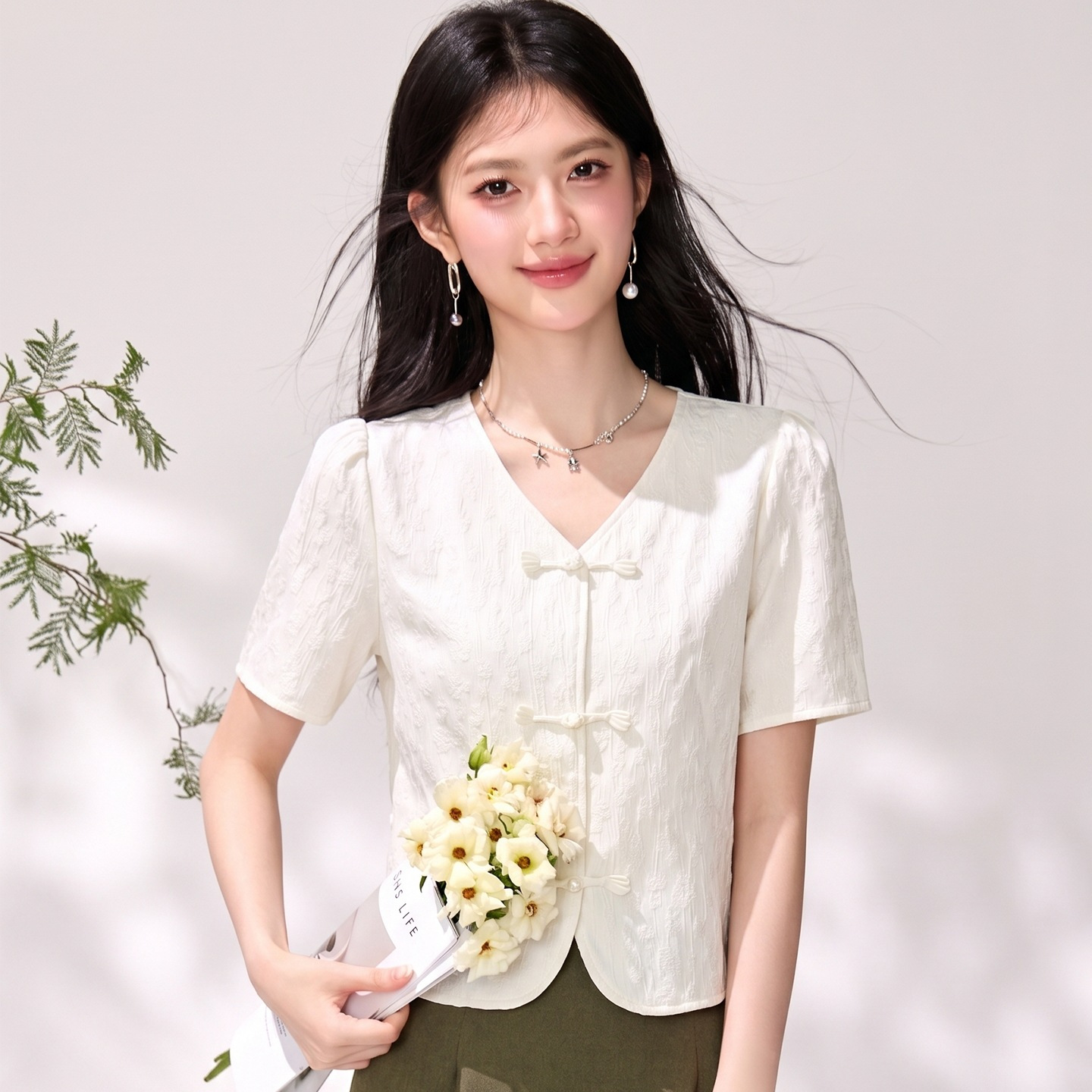 R6201小众新中式短袖雪纺衬衫女士夏季高级国风上衣新款洋气小衫