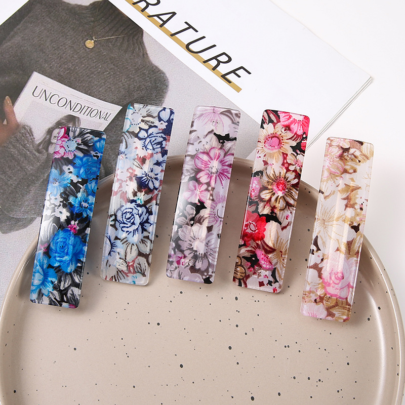 Korean-style fashionable floral acrylic hair clip, women's spring ponytail clip, curved hair pin, rectangular spring clip