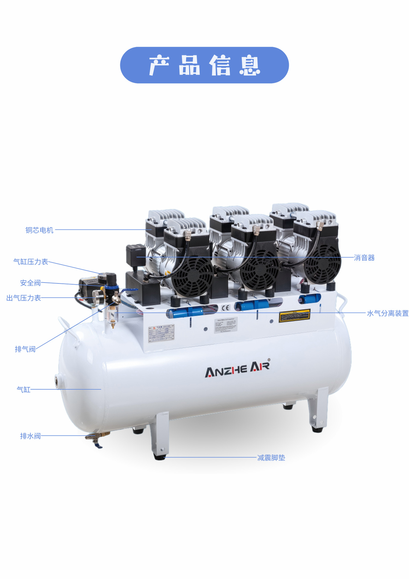 Dental Oil-Free Air Compressor Turbine Air Compressor Air Pump One-To-Six 90L Air Tank Medical Compressor