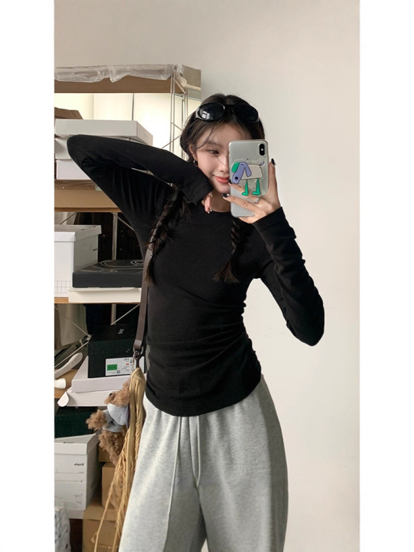 新款女装修身长袖T恤女显瘦辣妹掐腰百搭打底衫上衣潮东南亚跨境|undefined