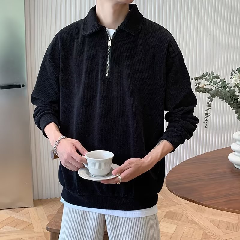 Half Zip Long Sleeve T-shirt Men Spring and Autumn New Loose Top for Men's Fashion Brand Casual Polo Neck Sweater_voghion.com
